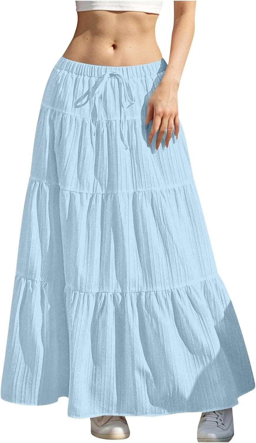 Tiered Long Skirts for Women Vacation A-Line Boho Pleated Skirt Summer High Waist Drawstring Flowy Swing Maxi Skirts