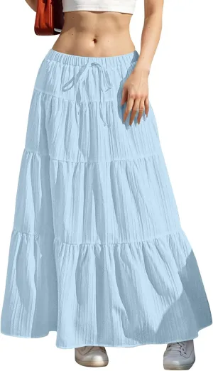 Tiered Long Skirts for Women Vacation A-Line Boho Pleated Skirt Summer High Waist Drawstring Flowy Swing Maxi Skirts