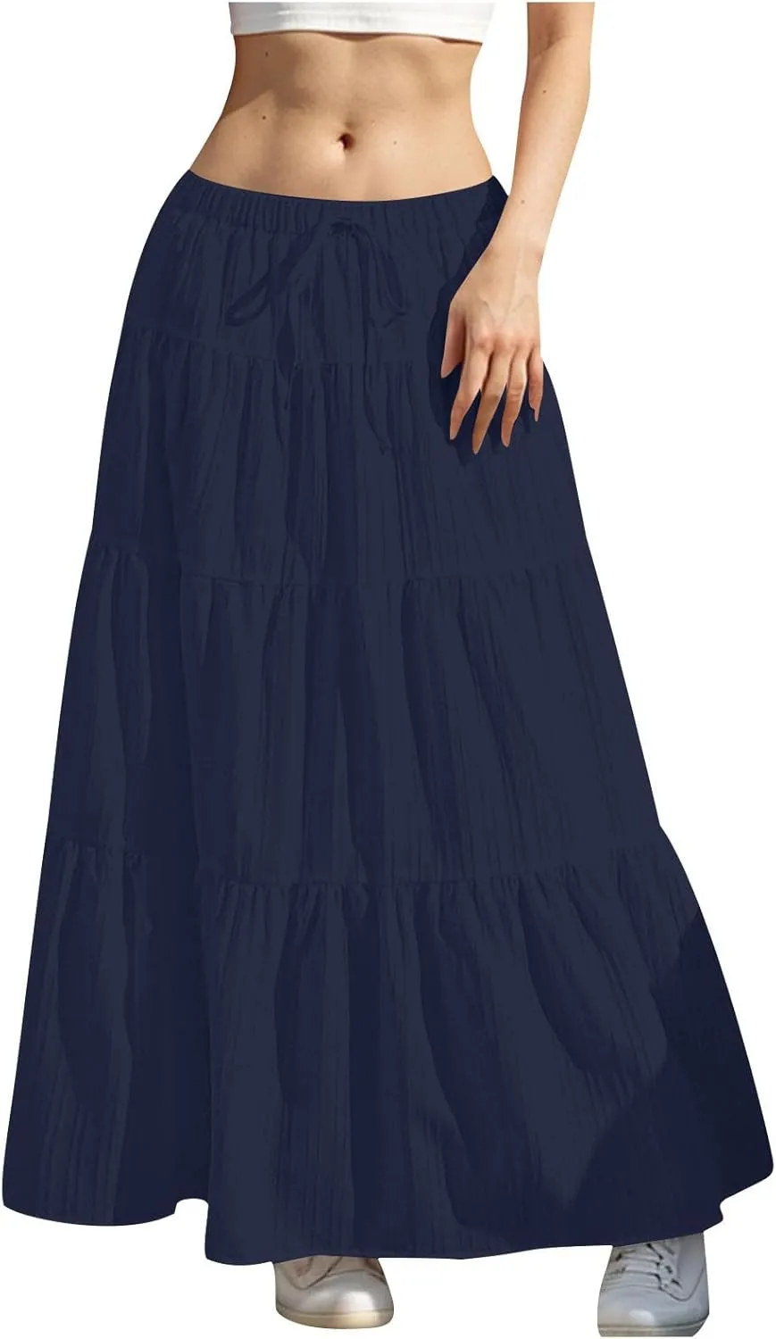 Tiered Long Skirts for Women Vacation A-Line Boho Pleated Skirt Summer High Waist Drawstring Flowy Swing Maxi Skirts