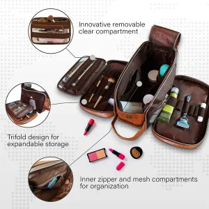 Toiletry Bag for Men or Women - Dopp Kit For Travel. Large Cosmetic and Shaving Bag. Toiletries Organizer PU Leather Bags (Large, Brown)