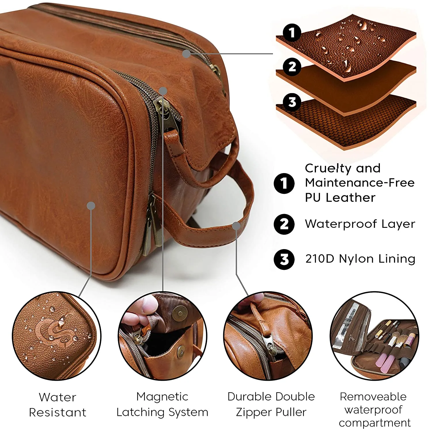 Toiletry Bag for Men or Women - Dopp Kit For Travel. Large Cosmetic and Shaving Bag. Toiletries Organizer PU Leather Bags (Large, Brown)