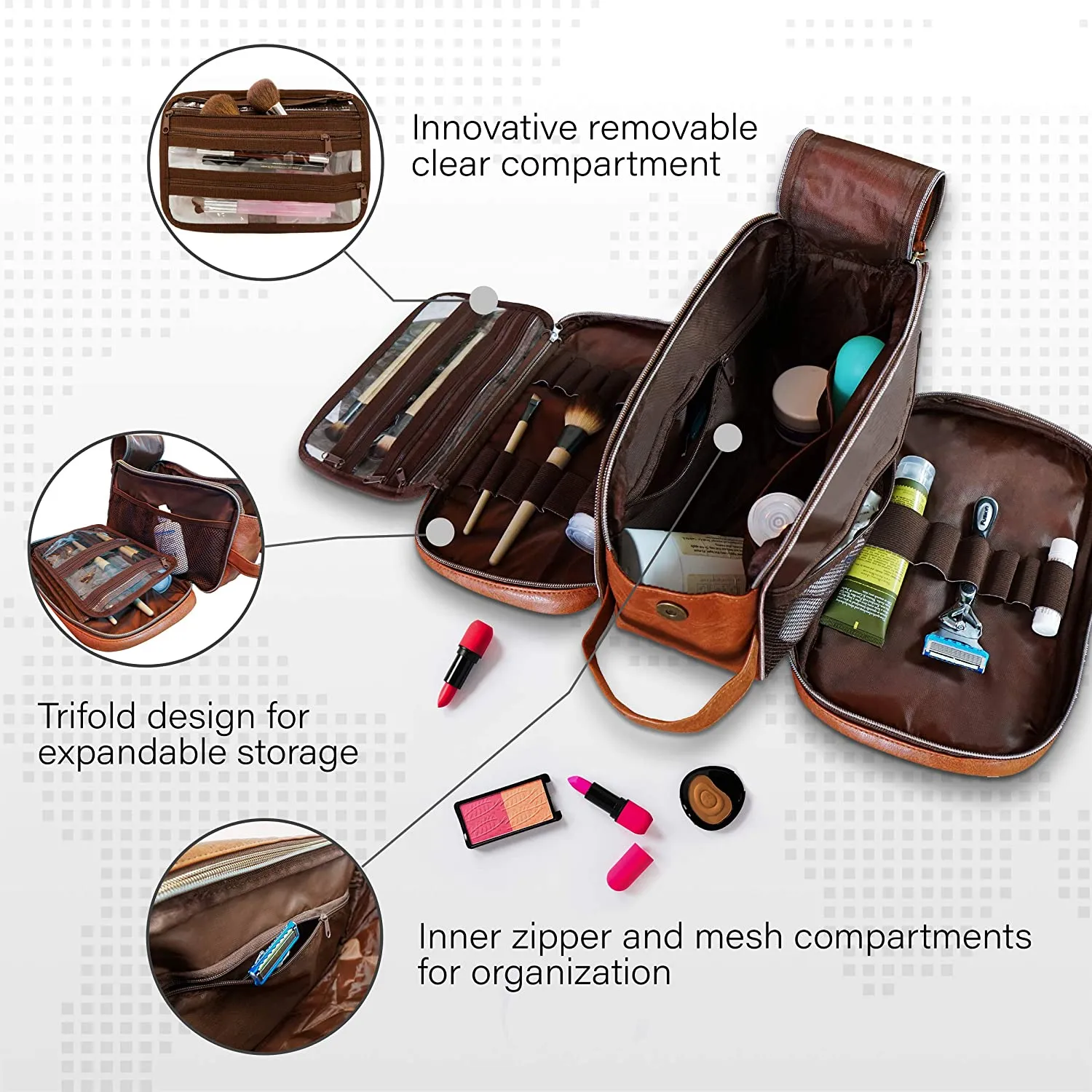 Toiletry Bag for Men or Women - Dopp Kit For Travel. Large Cosmetic and Shaving Bag. Toiletries Organizer PU Leather Bags (Large, Brown)