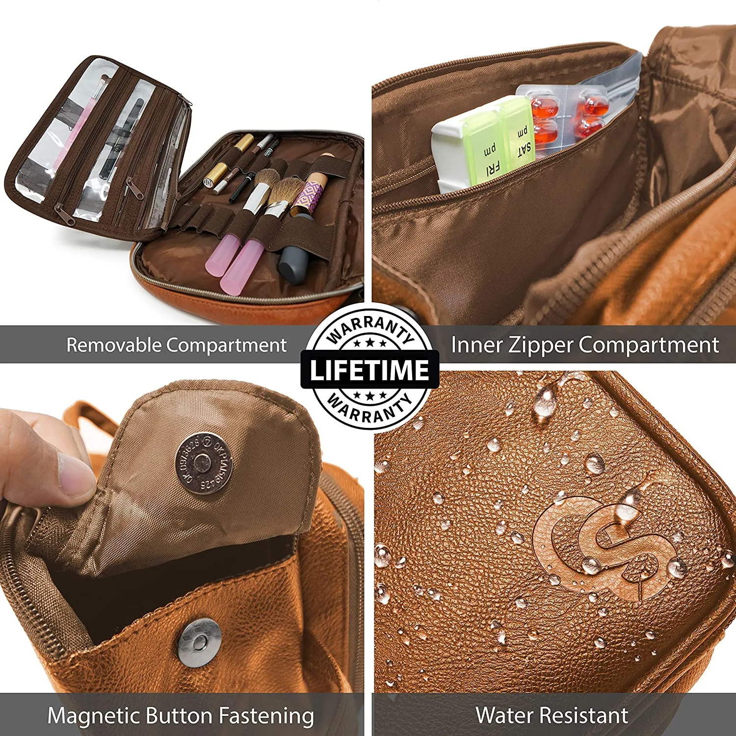 Toiletry Bag for Men or Women - Dopp Kit For Travel. Large Cosmetic and Shaving Bag. Toiletries Organizer PU Leather Bags (Large, Brown)
