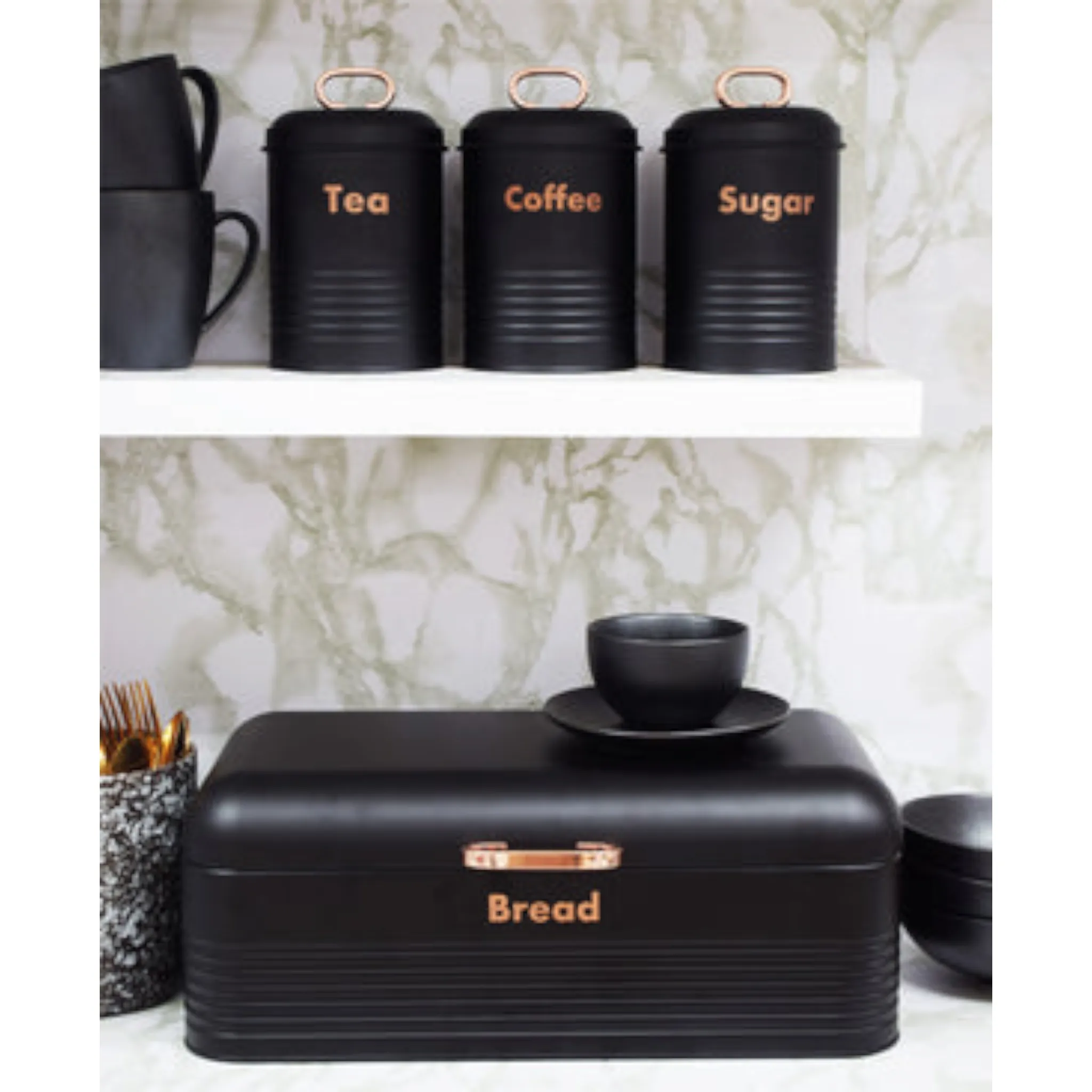 Totally Home Retro Bread Bin with Gold Handle & 3pc Canister Set Tea-Coffee-Sugar TH105