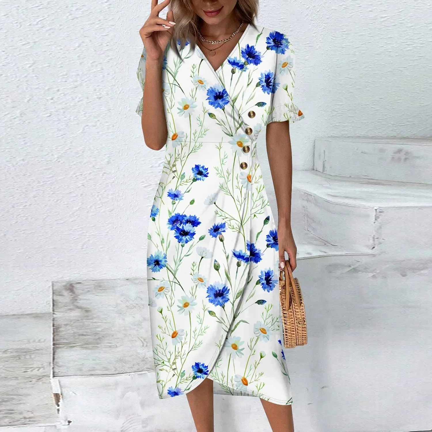 Travel Dresses for Women,Summer Elegant Wrap V Neck Boho Dress Flowy Ruched Hawaiian Maxi Summer Dress