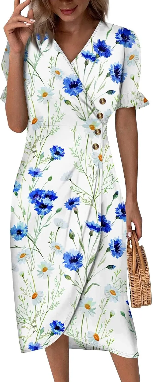 Travel Dresses for Women,Summer Elegant Wrap V Neck Boho Dress Flowy Ruched Hawaiian Maxi Summer Dress