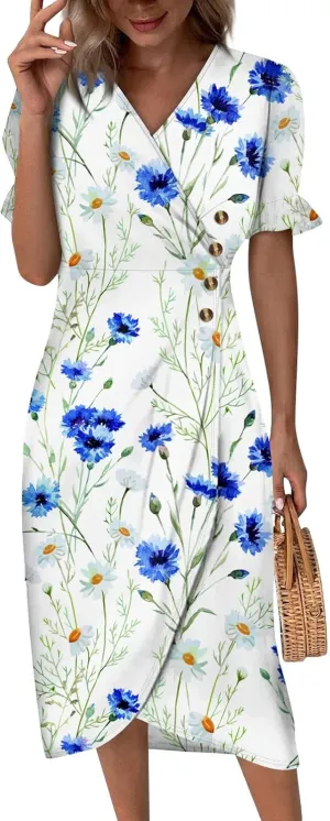 Travel Dresses for Women,Summer Elegant Wrap V Neck Boho Dress Flowy Ruched Hawaiian Maxi Summer Dress