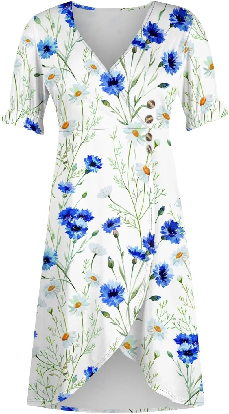 Travel Dresses for Women,Summer Elegant Wrap V Neck Boho Dress Flowy Ruched Hawaiian Maxi Summer Dress