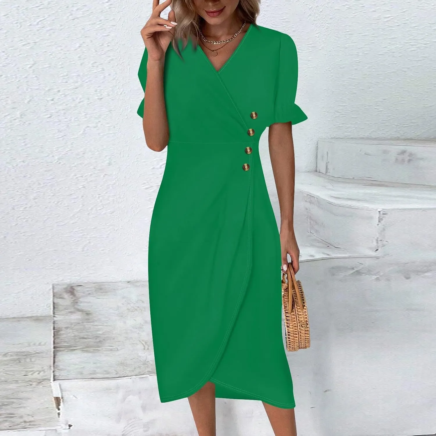 Travel Dresses for Women,Summer Elegant Wrap V Neck Boho Dress Flowy Ruched Hawaiian Maxi Summer Dress