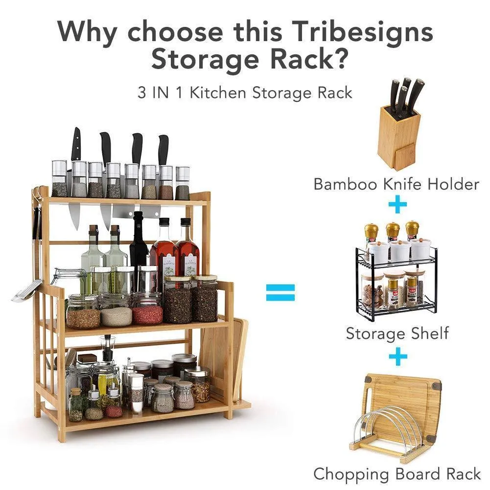 Tribesigns 3-Tier Standing Spice Rack Kitchen Bathroom Countertop Storage Organizer with Knife Holder & Chopping Board Rack, Bamboo Spice Bottle Jars Rack Holder with Adjustable Shelf