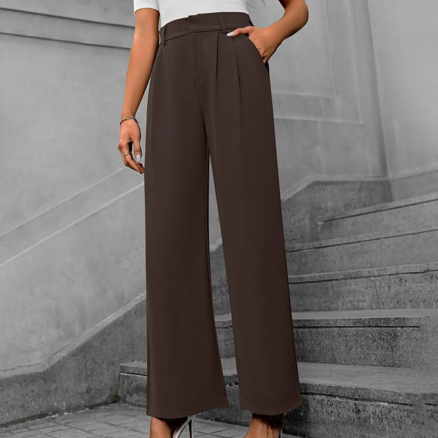 Trousers for Women Workwear Pleated Front Elastic Waist Straight Wide Leg Pants Outdoor Office Dressy Lounge Trousers
