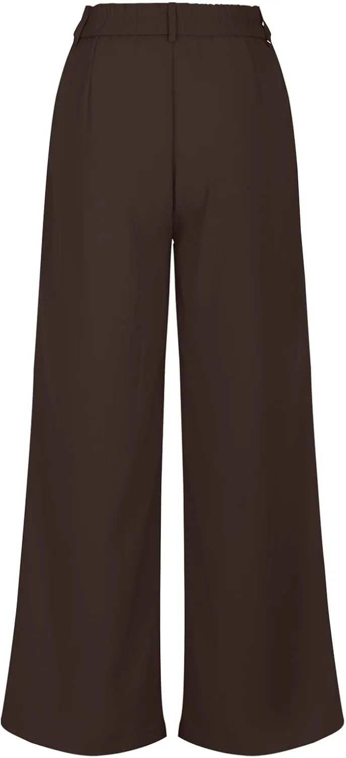 Trousers for Women Workwear Pleated Front Elastic Waist Straight Wide Leg Pants Outdoor Office Dressy Lounge Trousers