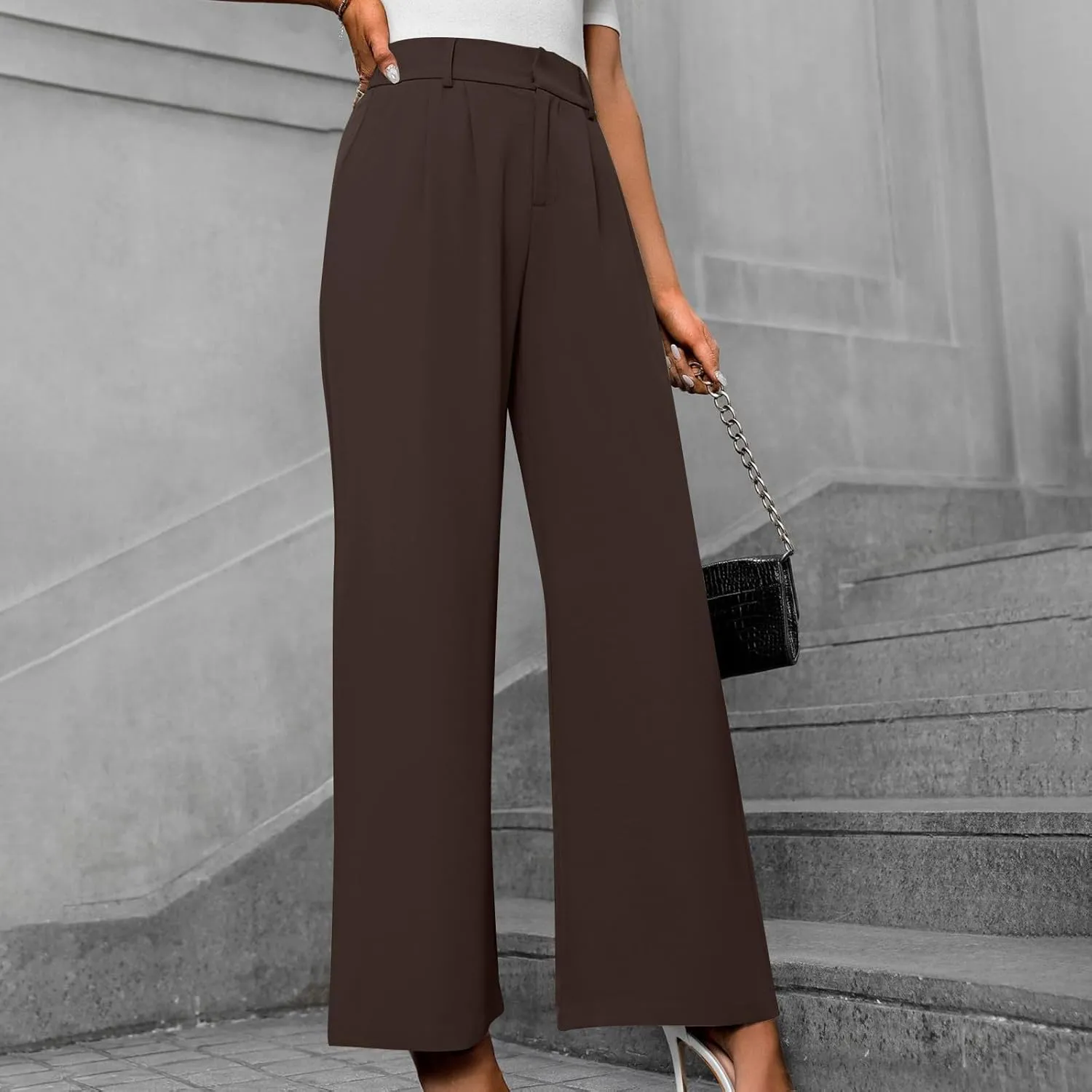 Trousers for Women Workwear Pleated Front Elastic Waist Straight Wide Leg Pants Outdoor Office Dressy Lounge Trousers