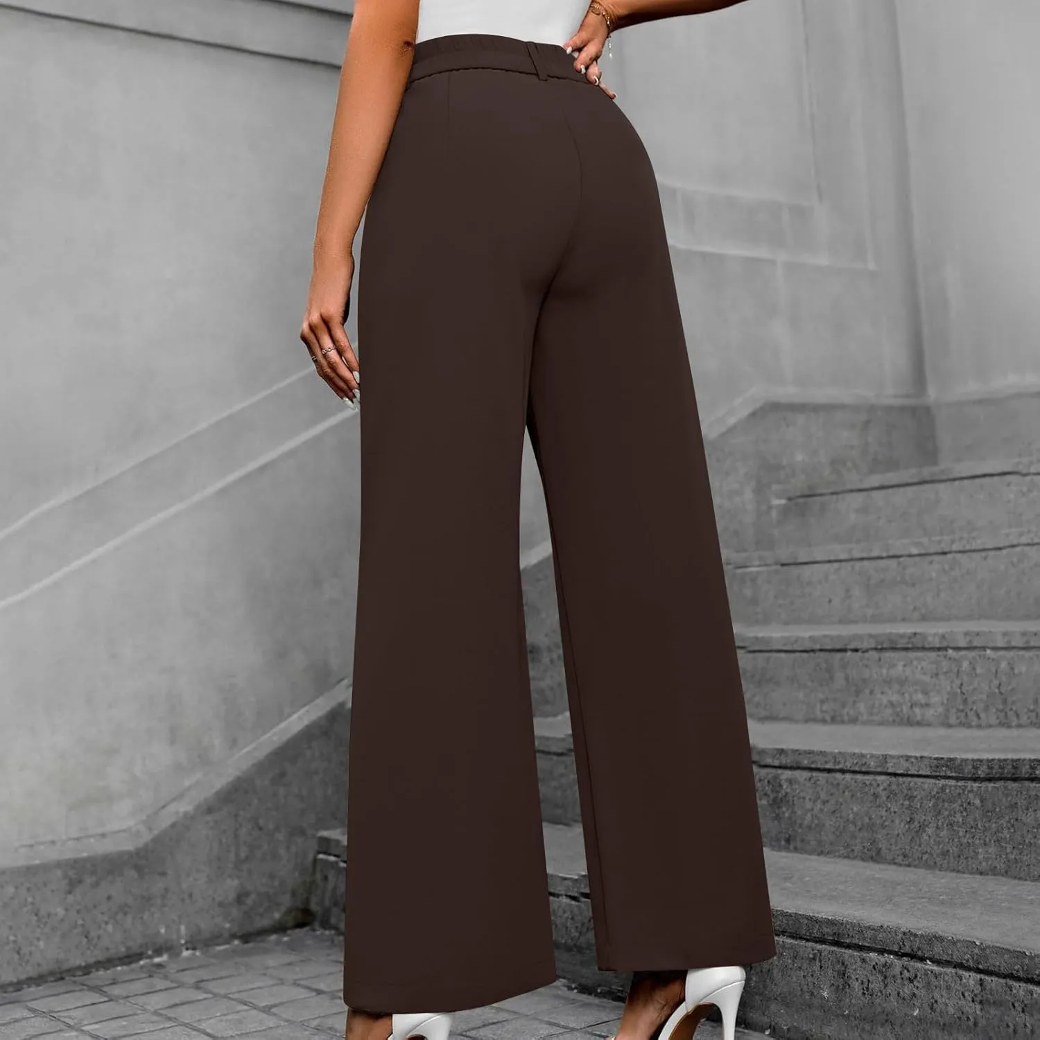 Trousers for Women Workwear Pleated Front Elastic Waist Straight Wide Leg Pants Outdoor Office Dressy Lounge Trousers