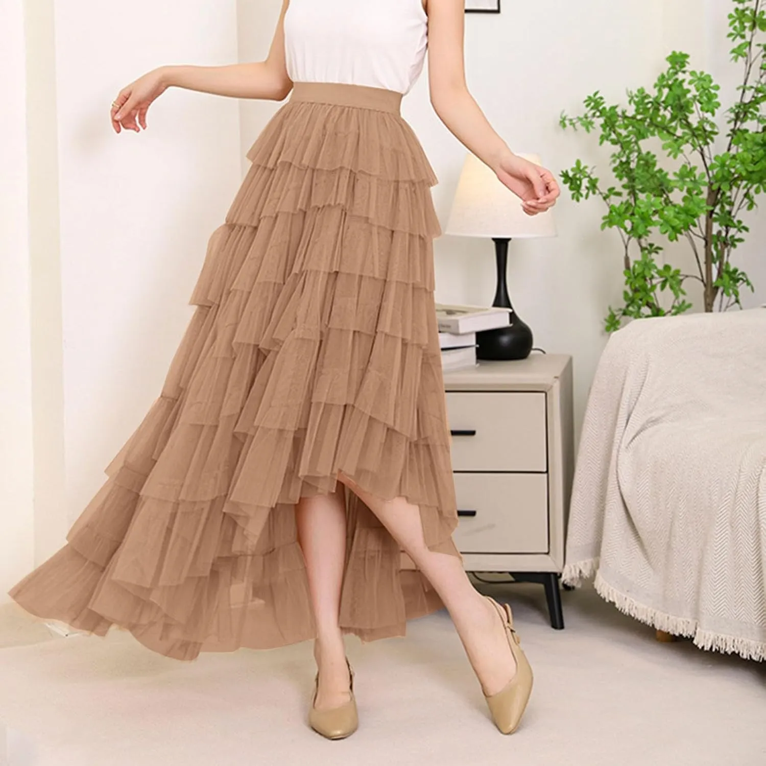 Tulle Skirt for Women High Waist Skirt Elegant Flared A Line Midi Skirt Casual Mesh Pleated Prom Wedding Cocktail Party Skirt