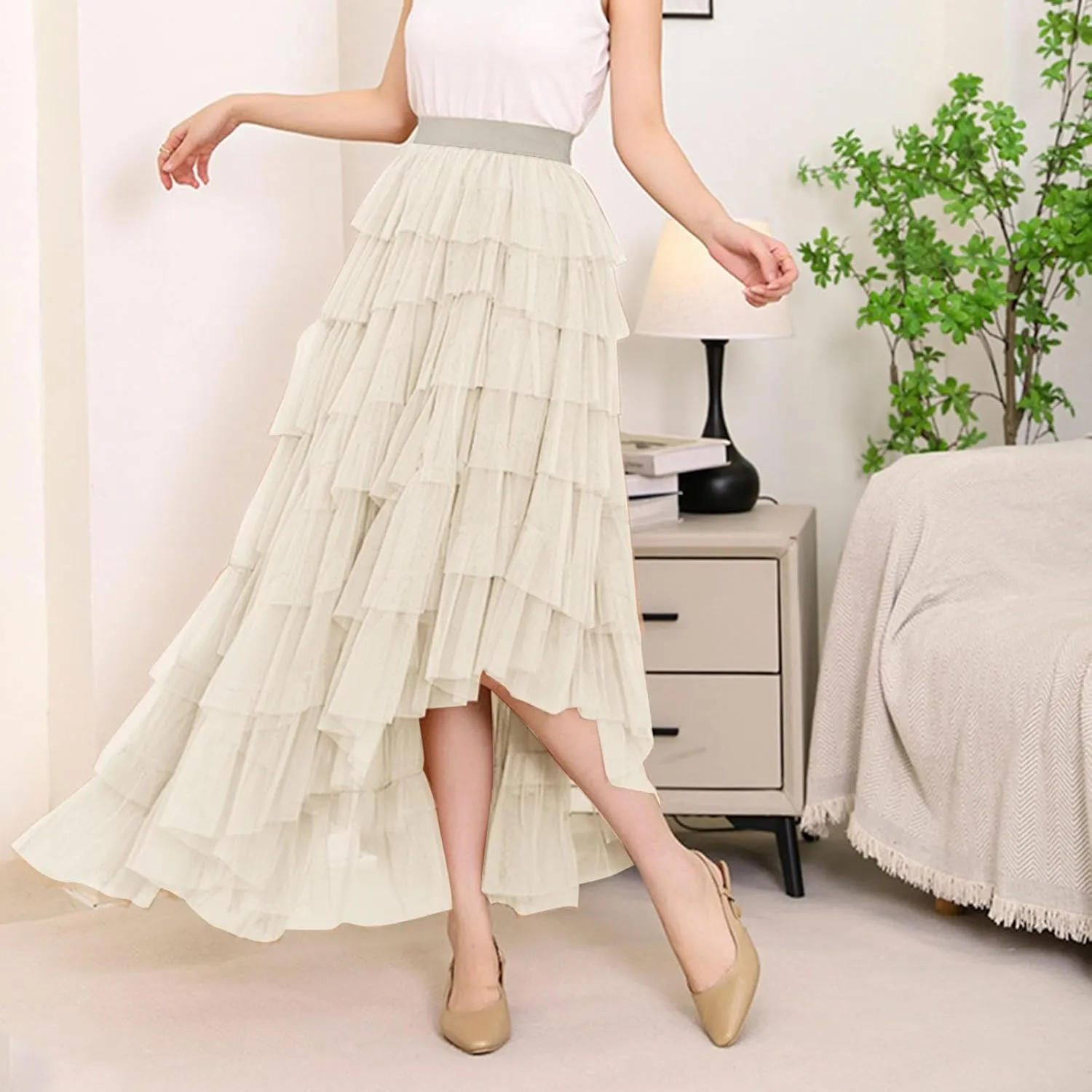 Tulle Skirt for Women High Waist Skirt Elegant Flared A Line Midi Skirt Casual Mesh Pleated Prom Wedding Cocktail Party Skirt