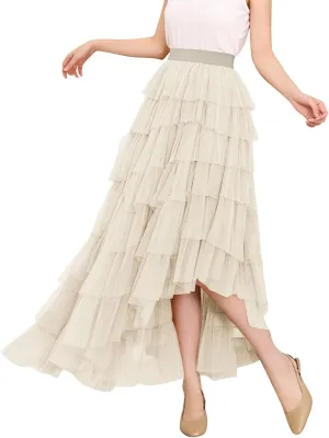 Tulle Skirt for Women High Waist Skirt Elegant Flared A Line Midi Skirt Casual Mesh Pleated Prom Wedding Cocktail Party Skirt