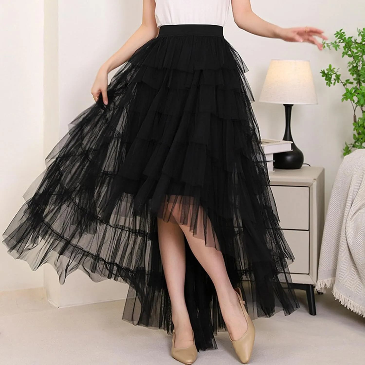 Tulle Skirt for Women High Waist Skirt Elegant Flared A Line Midi Skirt Casual Mesh Pleated Prom Wedding Cocktail Party Skirt