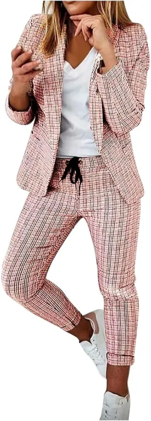 Two Piece Outfits for Women Long Sleeve Business Casual Jacket High Waist Slim Fit Long Pants Fashion Palid Suit Sets