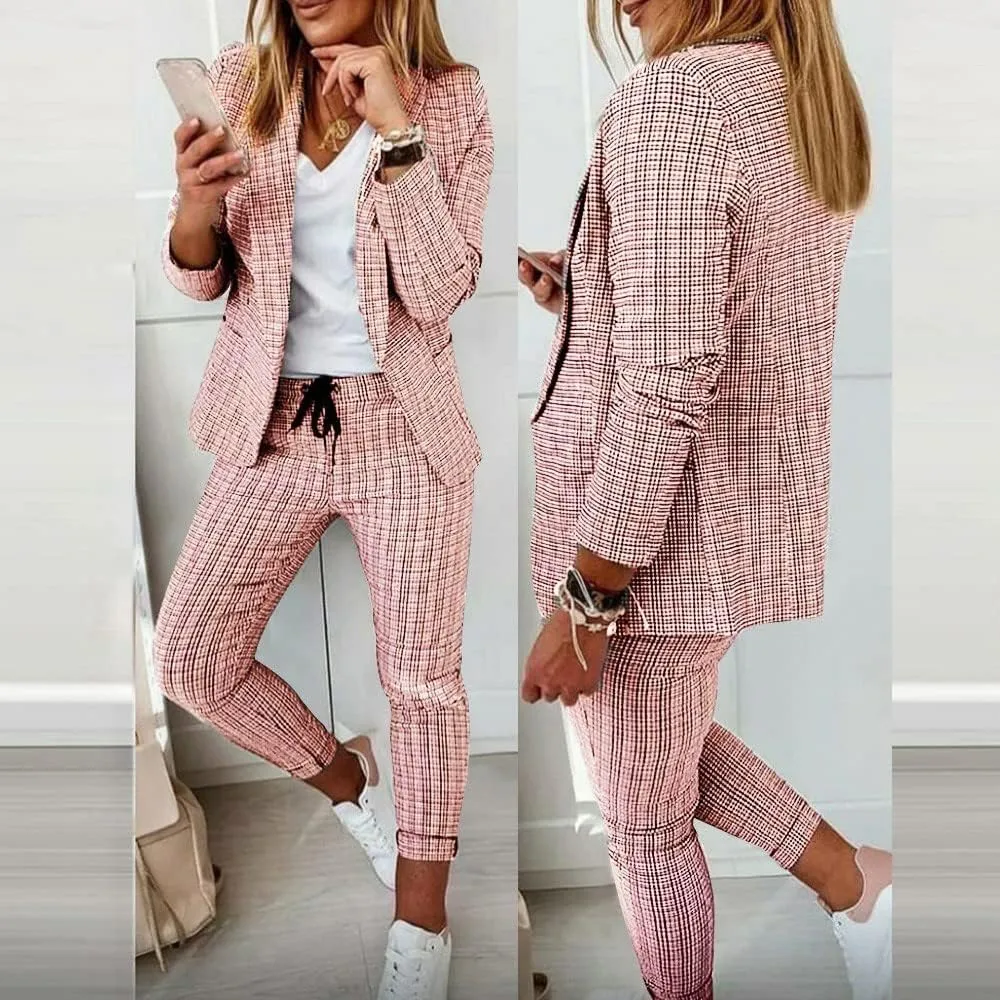 Two Piece Outfits for Women Long Sleeve Business Casual Jacket High Waist Slim Fit Long Pants Fashion Palid Suit Sets