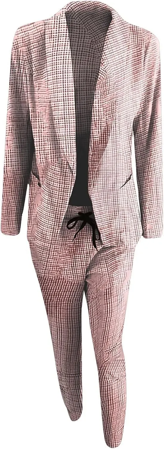 Two Piece Outfits for Women Long Sleeve Business Casual Jacket High Waist Slim Fit Long Pants Fashion Palid Suit Sets