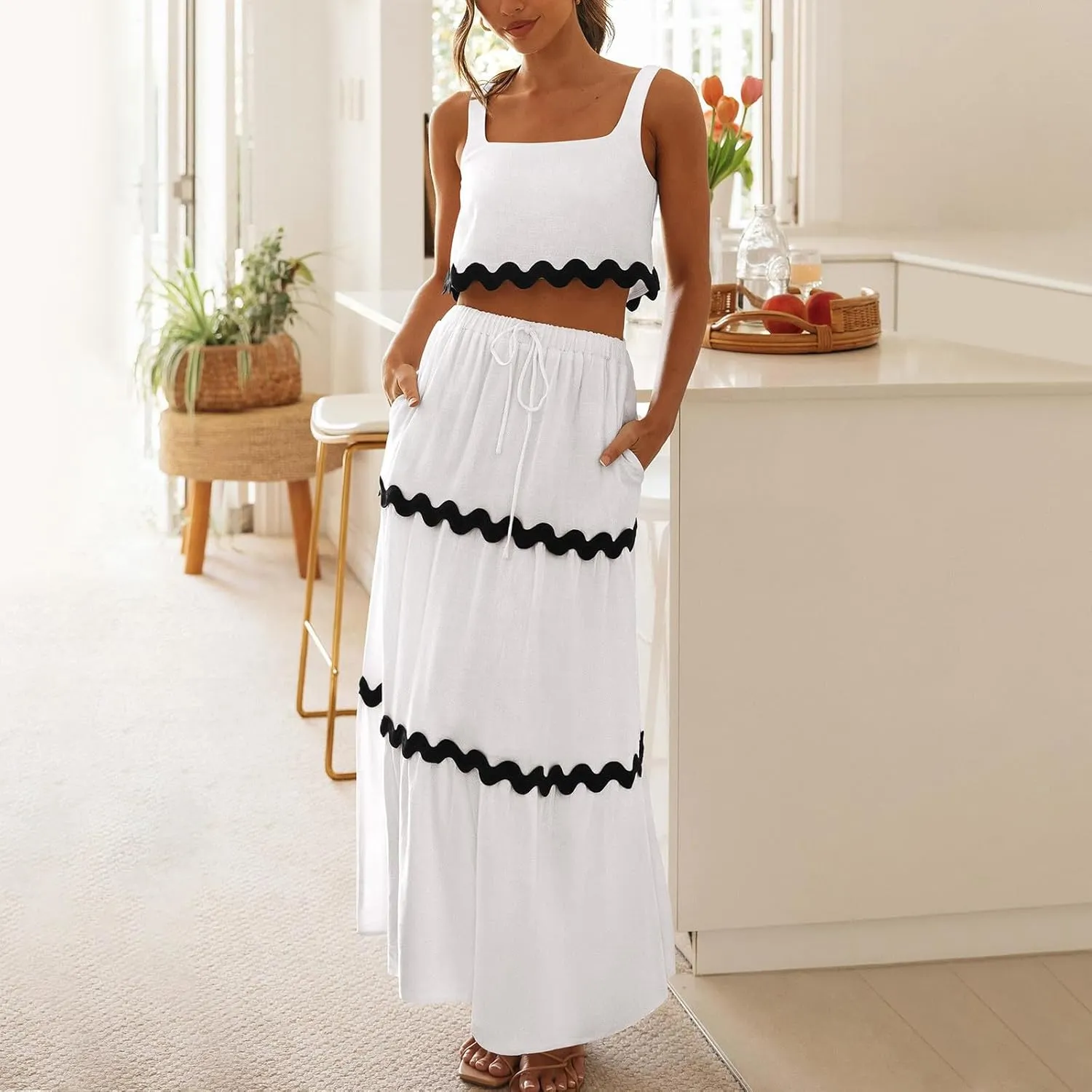 Two Piece Skirt Set For Women Trendy Summer Sleeveless Crop Tops High Waisted Maxi Skirt Sets Beach Vacation Outfits