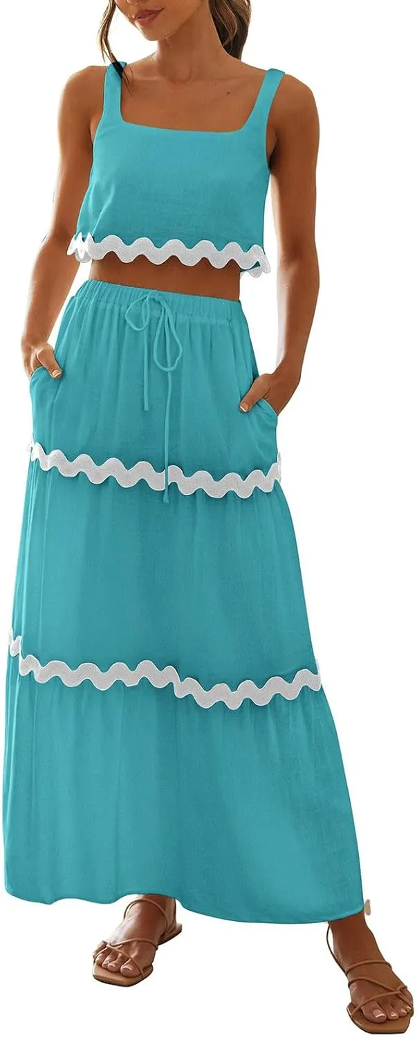 Two Piece Skirt Set For Women Trendy Summer Sleeveless Crop Tops High Waisted Maxi Skirt Sets Beach Vacation Outfits