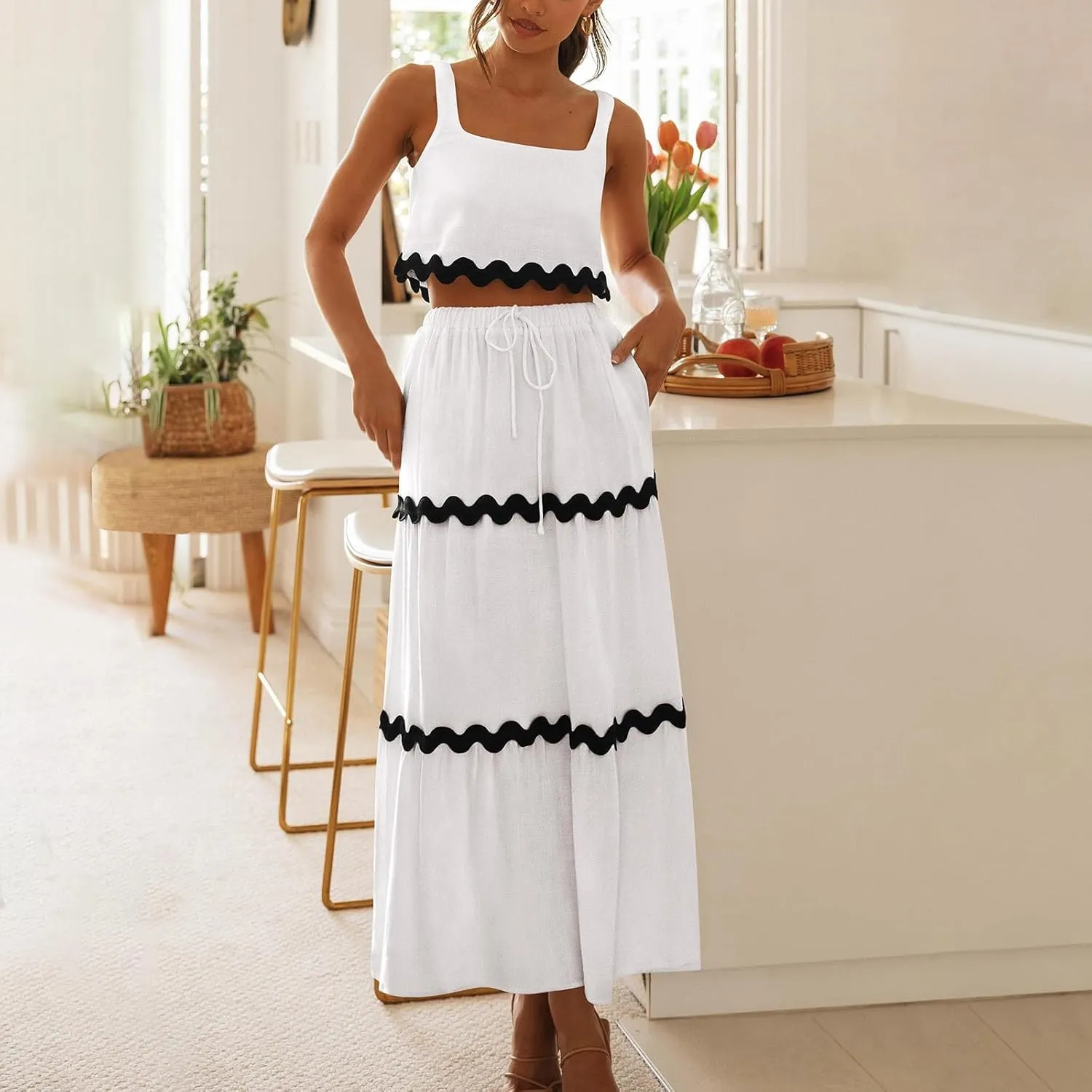 Two Piece Skirt Set For Women Trendy Summer Sleeveless Crop Tops High Waisted Maxi Skirt Sets Beach Vacation Outfits