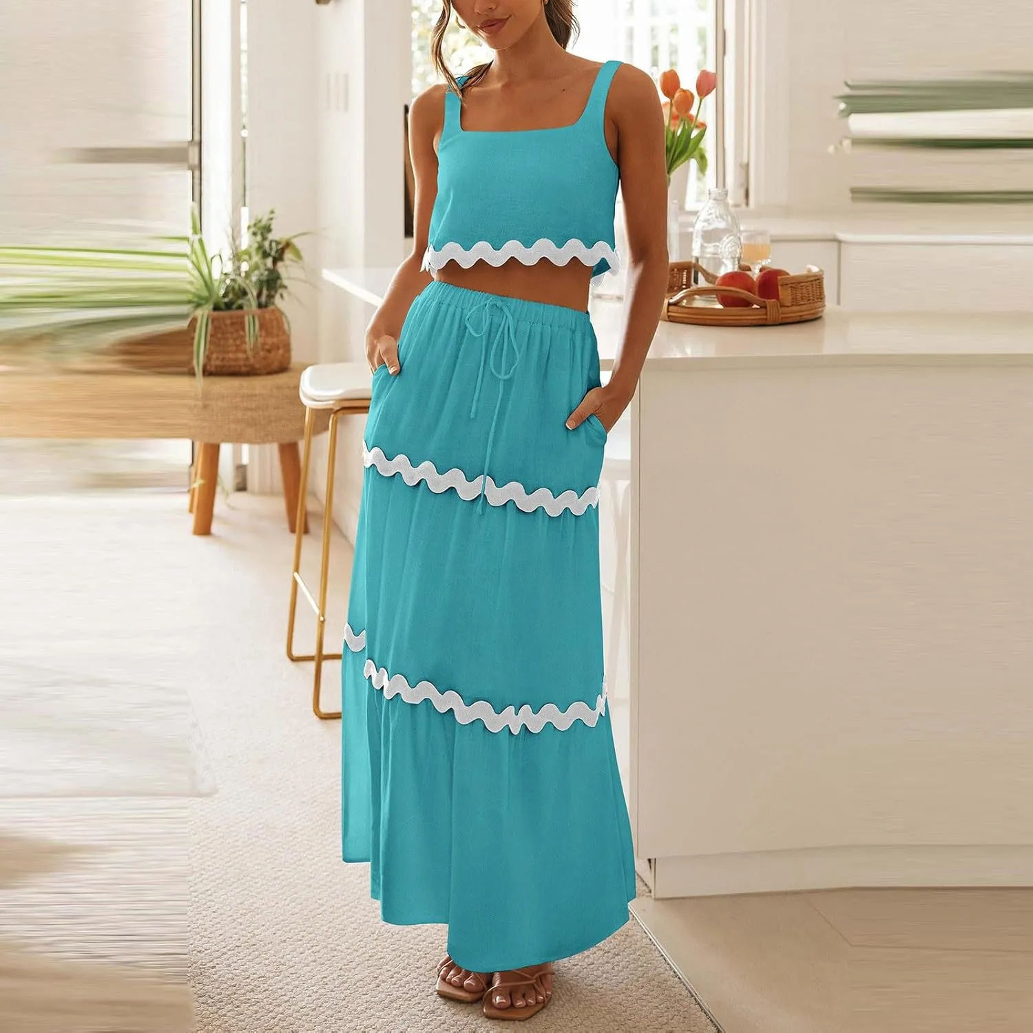 Two Piece Skirt Set For Women Trendy Summer Sleeveless Crop Tops High Waisted Maxi Skirt Sets Beach Vacation Outfits