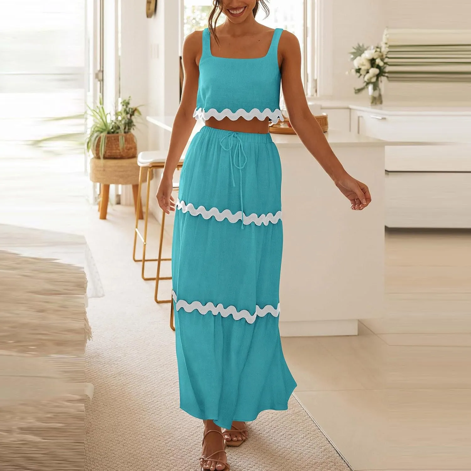 Two Piece Skirt Set For Women Trendy Summer Sleeveless Crop Tops High Waisted Maxi Skirt Sets Beach Vacation Outfits