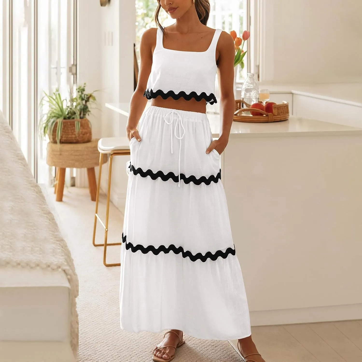 Two Piece Skirt Set For Women Trendy Summer Sleeveless Crop Tops High Waisted Maxi Skirt Sets Beach Vacation Outfits