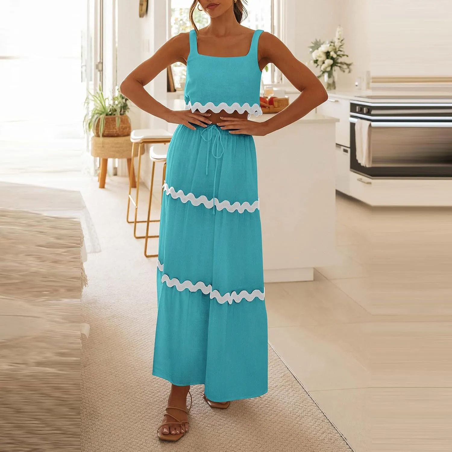 Two Piece Skirt Set For Women Trendy Summer Sleeveless Crop Tops High Waisted Maxi Skirt Sets Beach Vacation Outfits