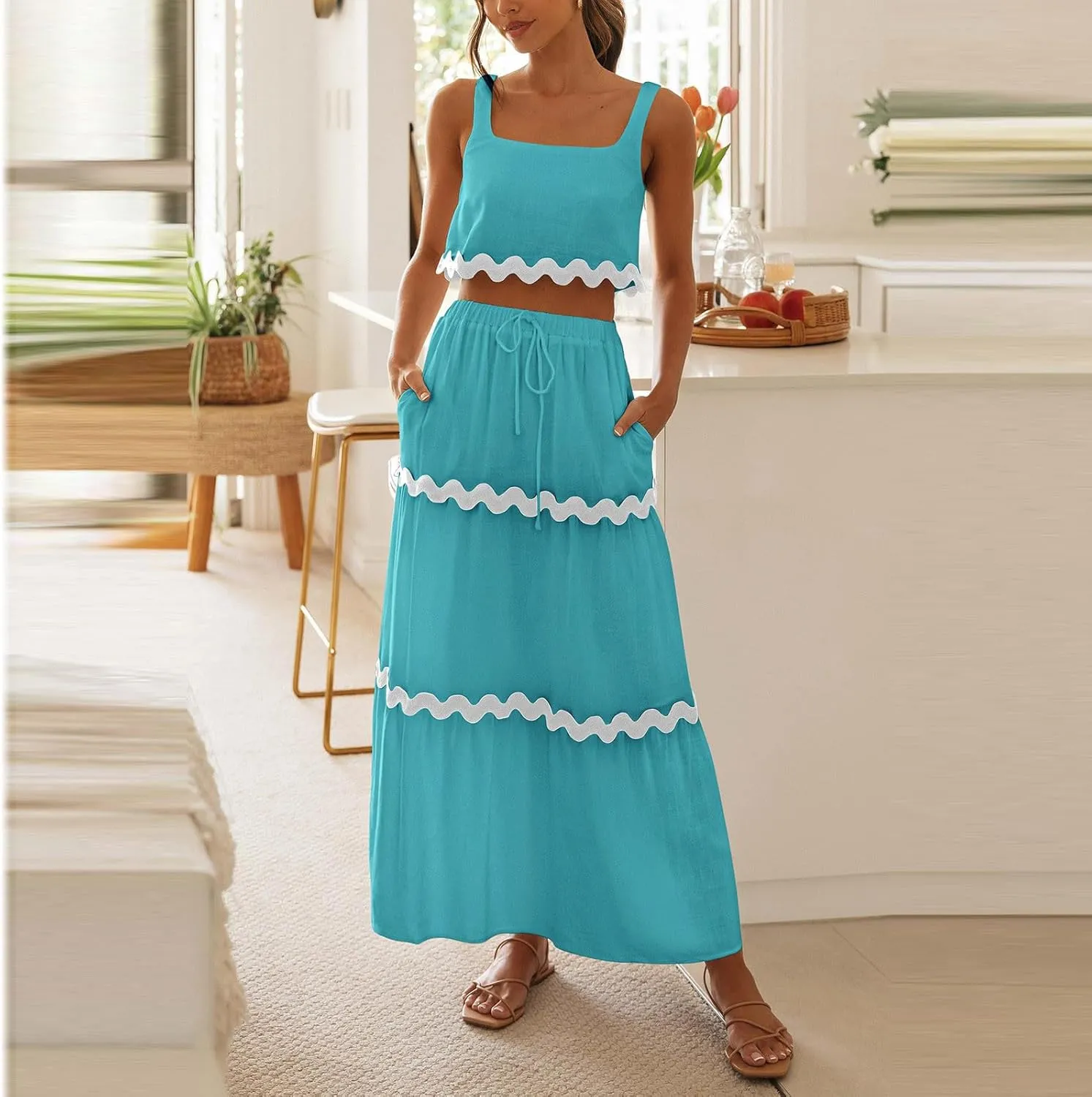 Two Piece Skirt Set For Women Trendy Summer Sleeveless Crop Tops High Waisted Maxi Skirt Sets Beach Vacation Outfits