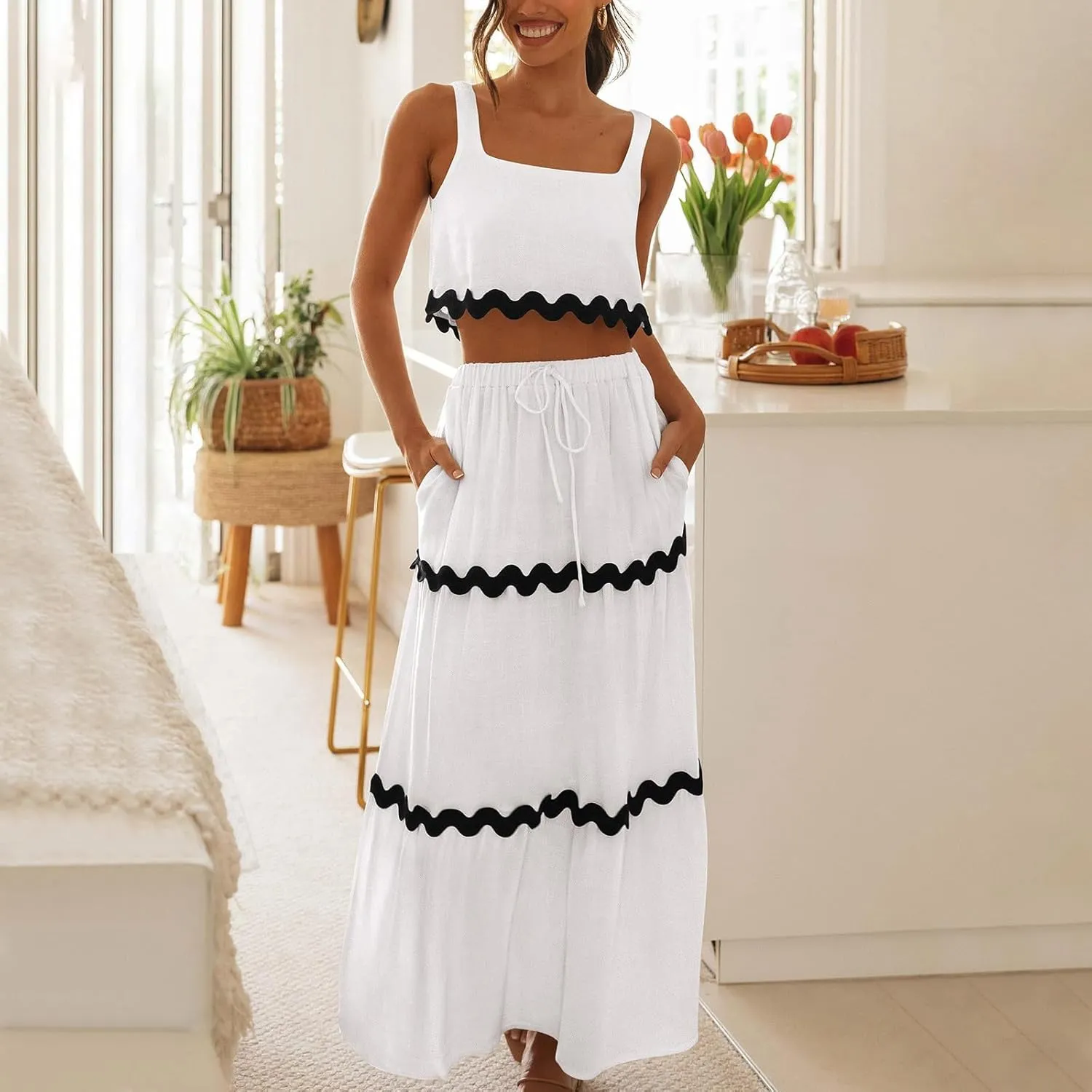 Two Piece Skirt Set For Women Trendy Summer Sleeveless Crop Tops High Waisted Maxi Skirt Sets Beach Vacation Outfits