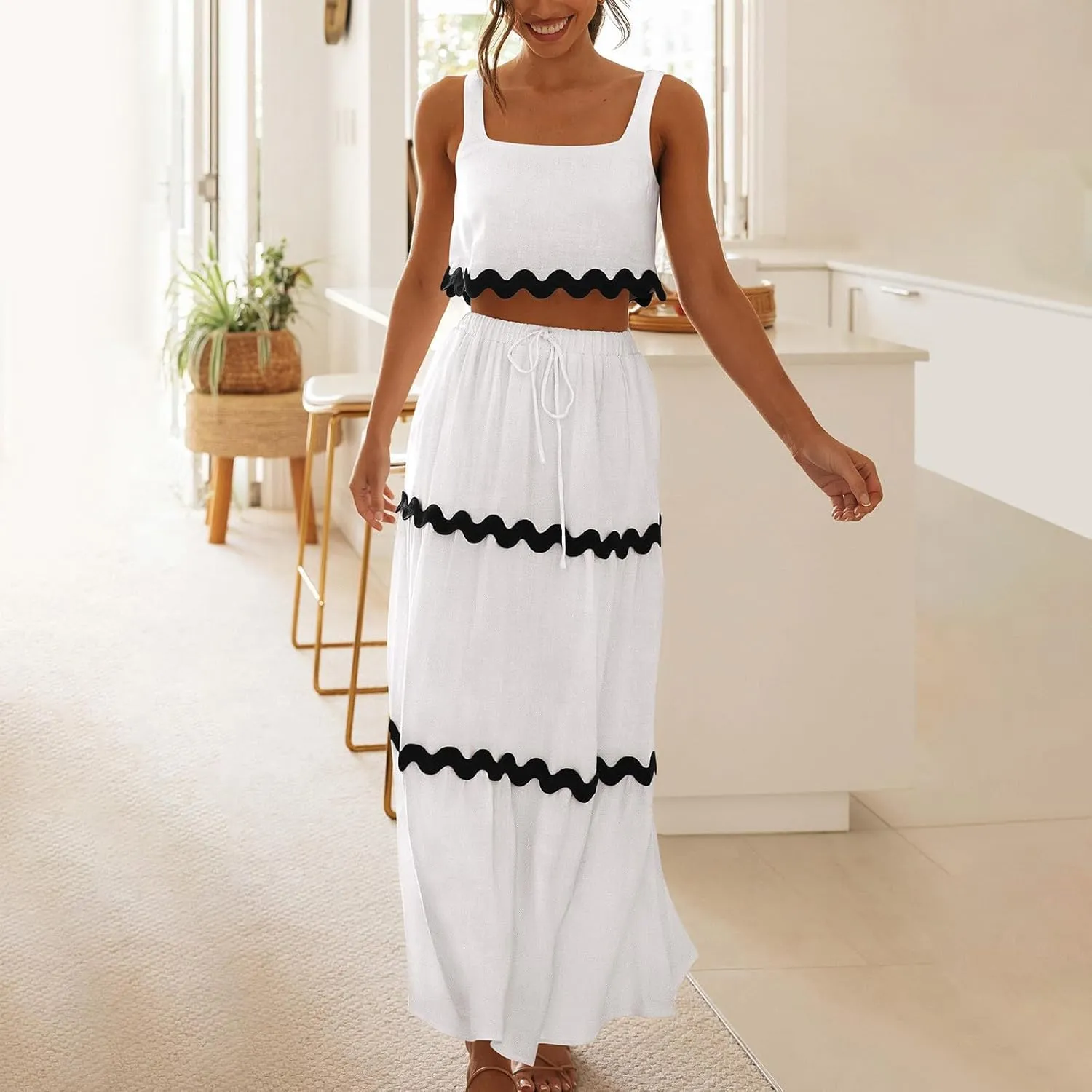 Two Piece Skirt Set For Women Trendy Summer Sleeveless Crop Tops High Waisted Maxi Skirt Sets Beach Vacation Outfits