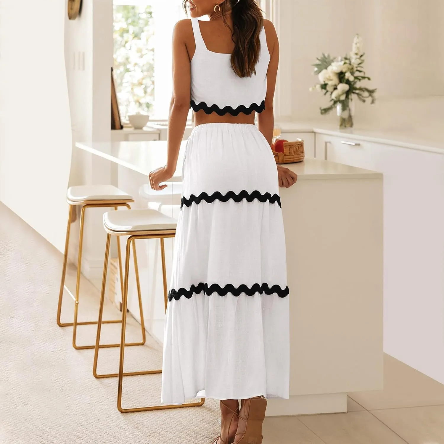 Two Piece Skirt Set For Women Trendy Summer Sleeveless Crop Tops High Waisted Maxi Skirt Sets Beach Vacation Outfits