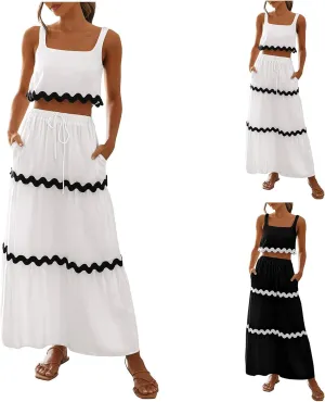 Two Piece Skirt Set For Women Trendy Summer Sleeveless Crop Tops High Waisted Maxi Skirt Sets Beach Vacation Outfits
