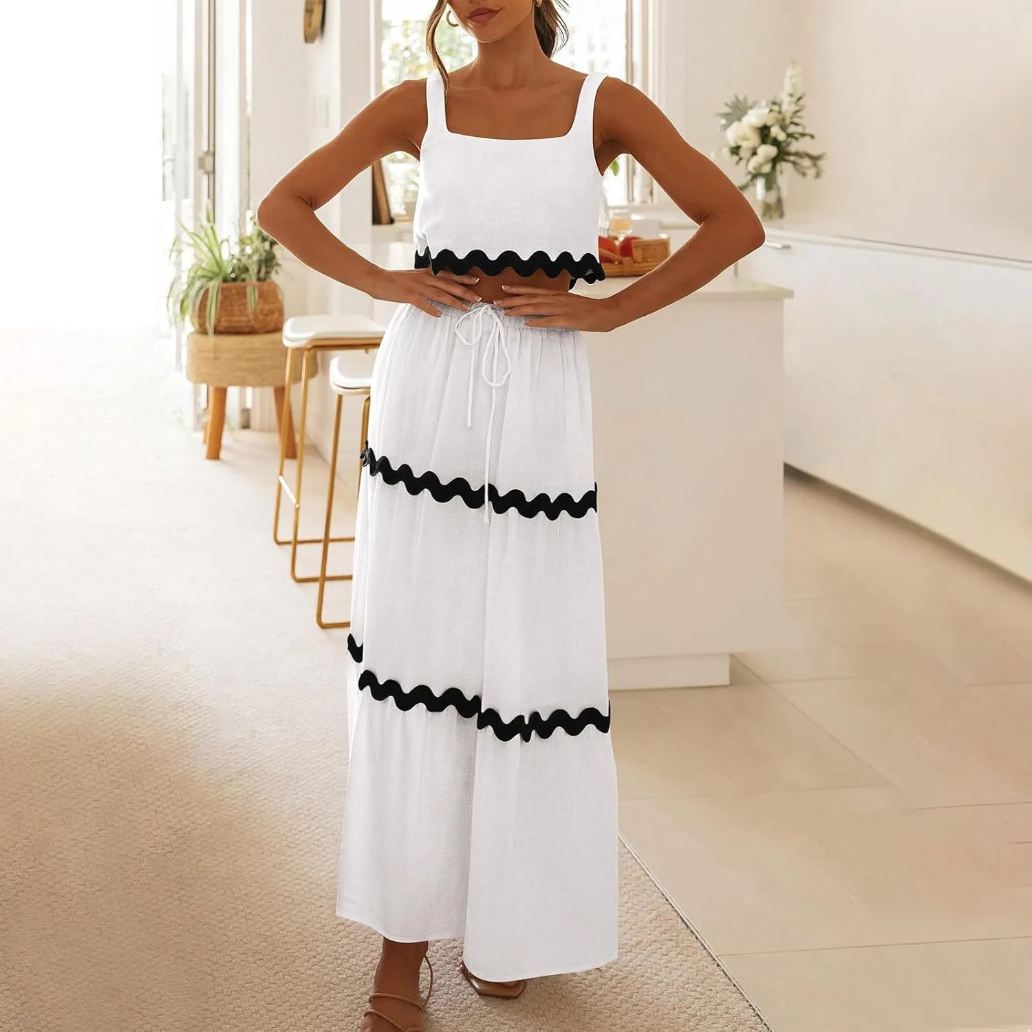 Two Piece Skirt Set For Women Trendy Summer Sleeveless Crop Tops High Waisted Maxi Skirt Sets Beach Vacation Outfits