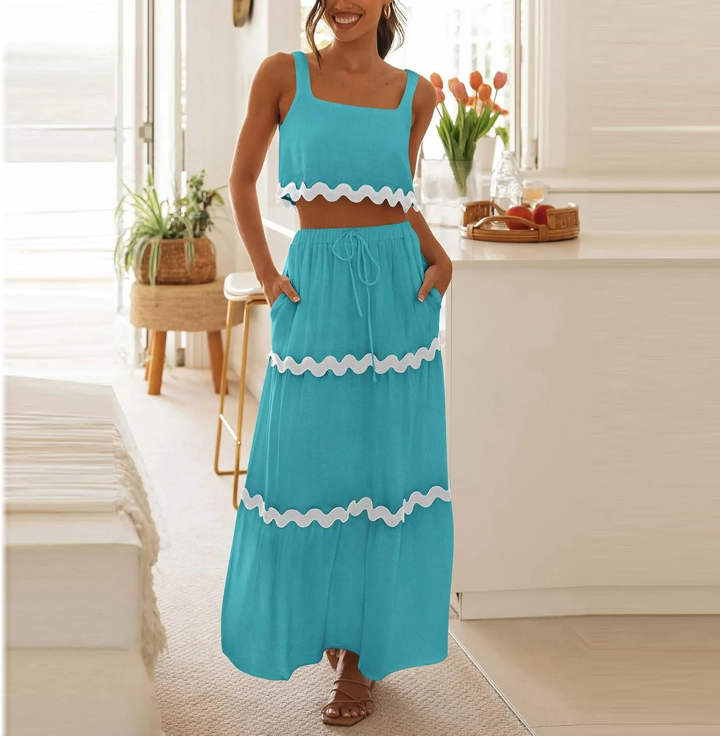 Two Piece Skirt Set For Women Trendy Summer Sleeveless Crop Tops High Waisted Maxi Skirt Sets Beach Vacation Outfits