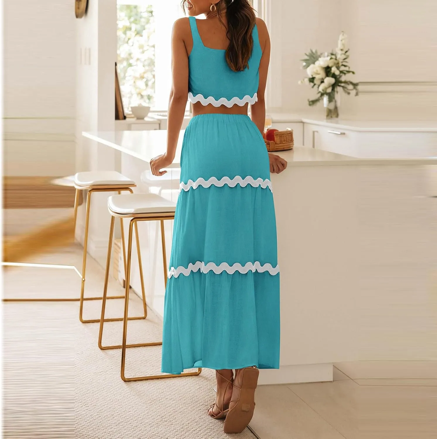 Two Piece Skirt Set For Women Trendy Summer Sleeveless Crop Tops High Waisted Maxi Skirt Sets Beach Vacation Outfits