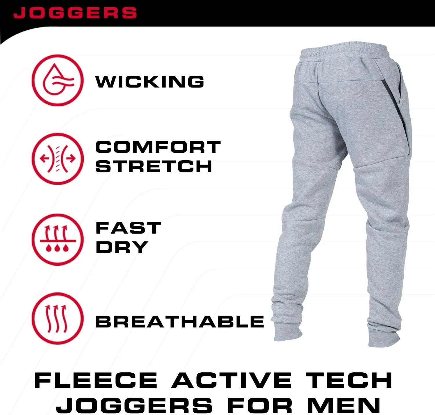 Ultra Performance 3 Pack Fleece Active Tech Joggers for Men, Mens Sweatpants with Zipper Pockets