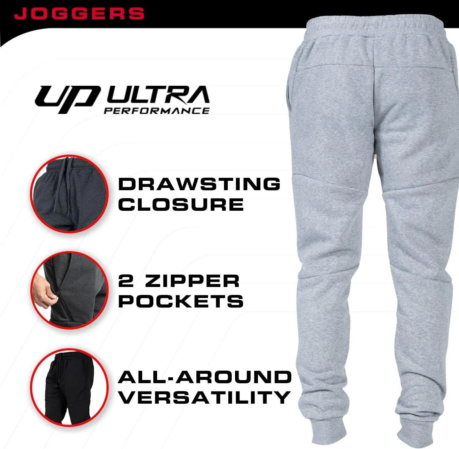 Ultra Performance 3 Pack Fleece Active Tech Joggers for Men, Mens Sweatpants with Zipper Pockets