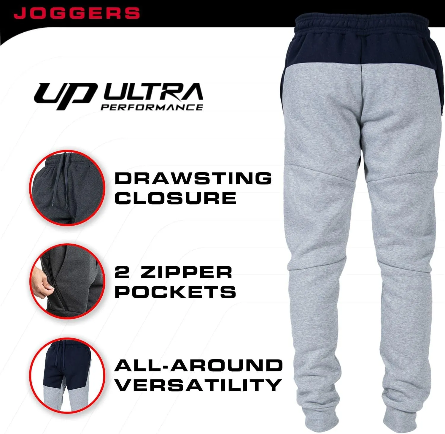 Ultra Performance 3 Pack Fleece Active Tech Joggers for Men, Mens Sweatpants with Zipper Pockets
