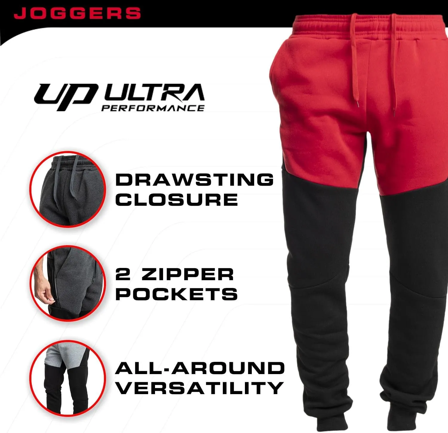 Ultra Performance 3 Pack Fleece Active Tech Joggers for Men, Mens Sweatpants with Zipper Pockets