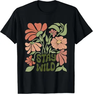 Unisex-Adults, Unisex-Kids Boho Minimalistic Stay Wild Floral Retro T-Shirt