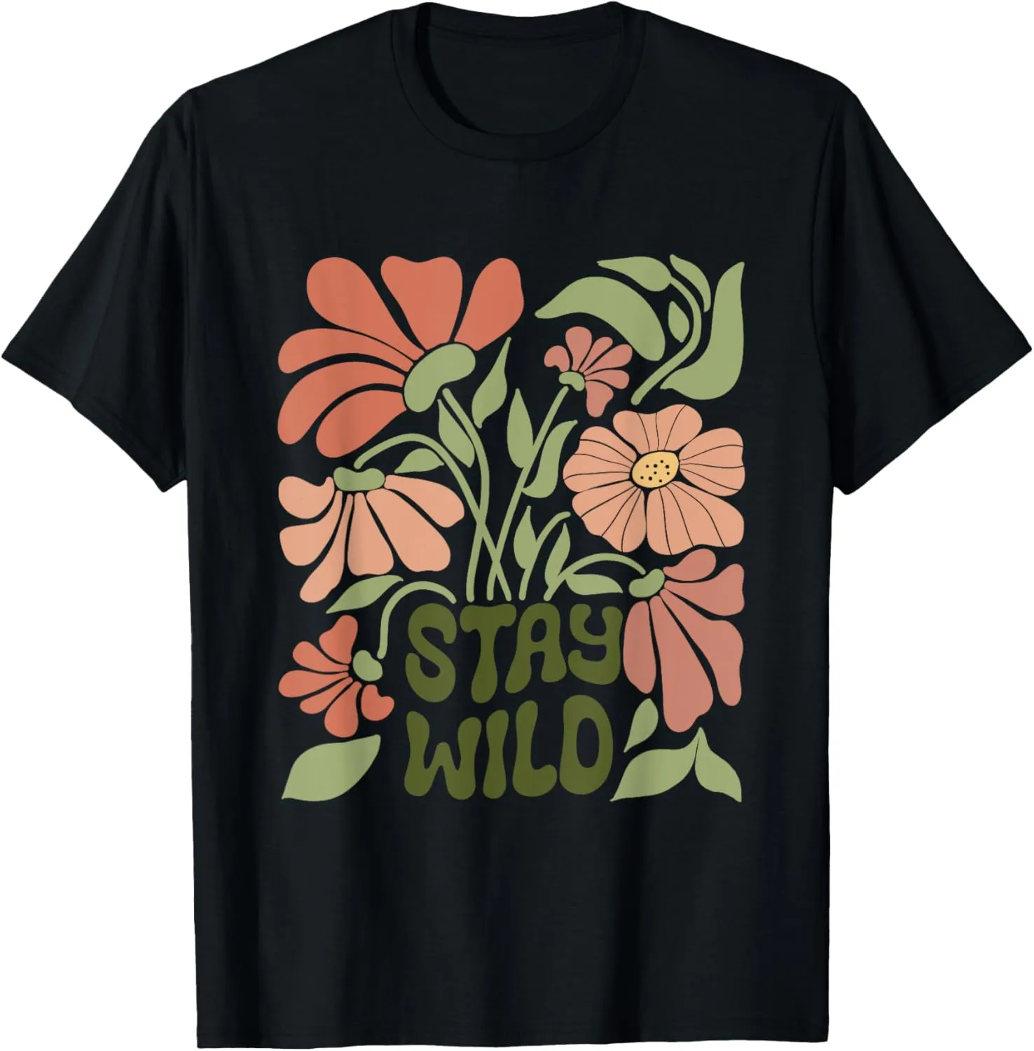 Unisex-Adults, Unisex-Kids Boho Minimalistic Stay Wild Floral Retro T-Shirt