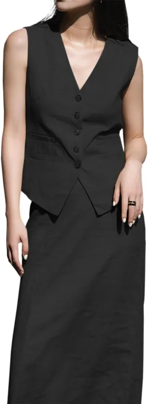 Uohzus Women's 2 Pieces Linen Skirt Set Sleeveless Cropped Tops Long Skirts Vacation Summer Outfits