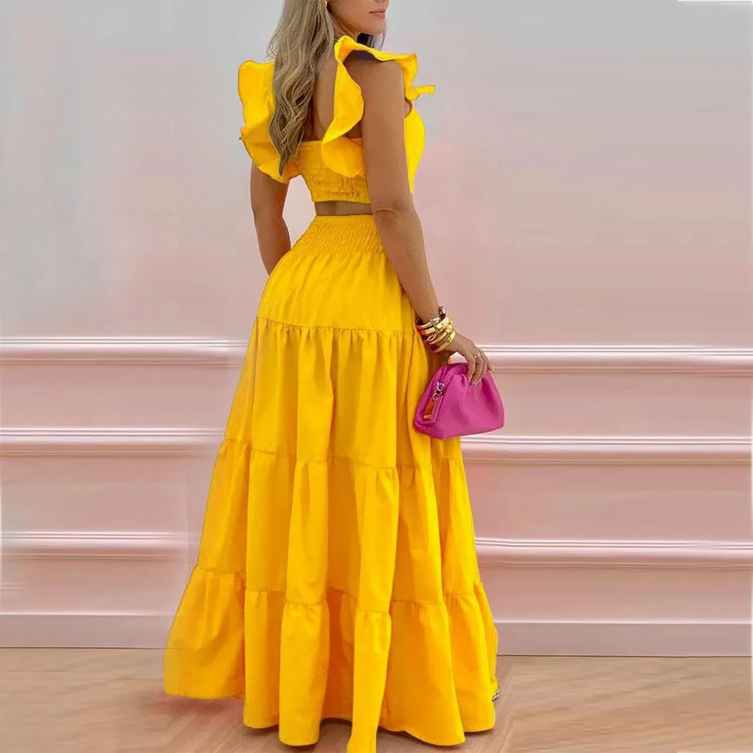 Vacation Outfits for Women Summer 2 Piece Skirt Sets Ruffle Cropped Tank Tops High Waisted Maxi Skirts Matching Sets