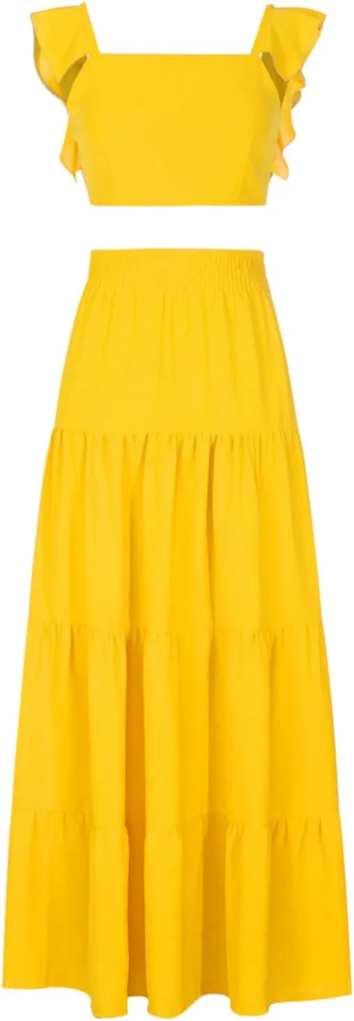 Vacation Outfits for Women Summer 2 Piece Skirt Sets Ruffle Cropped Tank Tops High Waisted Maxi Skirts Matching Sets