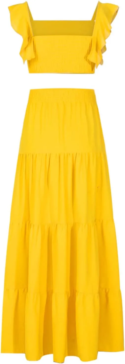 Vacation Outfits for Women Summer 2 Piece Skirt Sets Ruffle Cropped Tank Tops High Waisted Maxi Skirts Matching Sets
